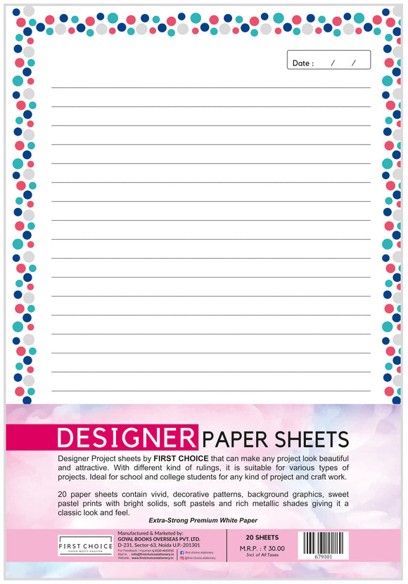 Designer Project Sheets 29.7x21 cm, Multi Ruling Single line, Plain, Dotted Grid, Dotted Single line 20 Sheets By First Choice Stationery