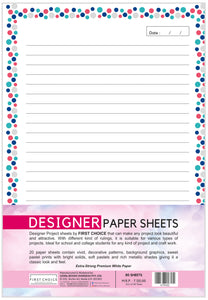Designer Project Sheets 29.7x21 cm, Multi Ruling Single line, Plain, Dotted Grid, Dotted Single line 80 Sheets By First Choice Stationery